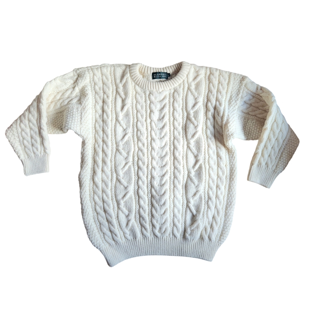 Blarney Woollen Mills Cable HandKnit Sweater Aran Wool Fisherman Ireland Size L